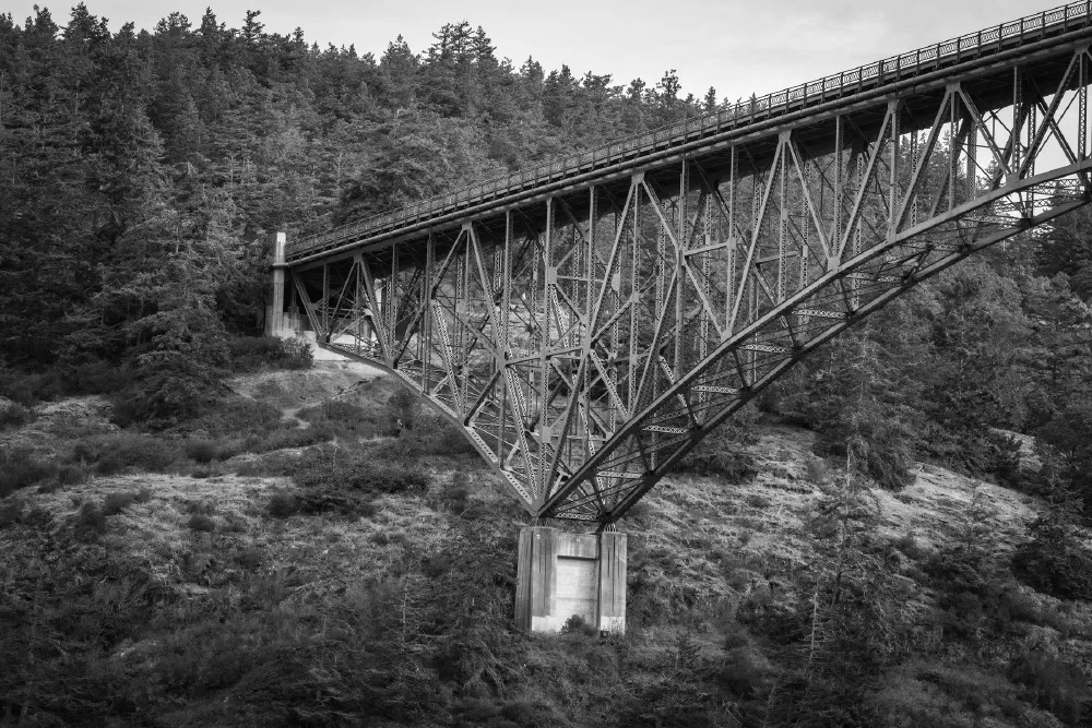 A large steel bridge with an intricate truss design spans across a forested, mountainous area.