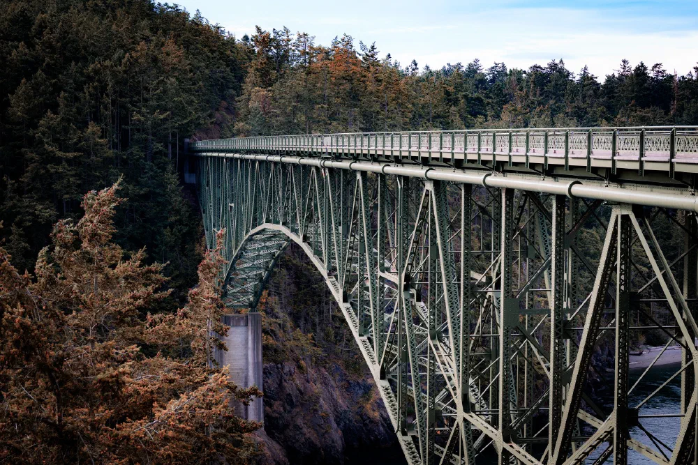 A large steel arch bridge spans across a forested canyon with a body of water visible below.