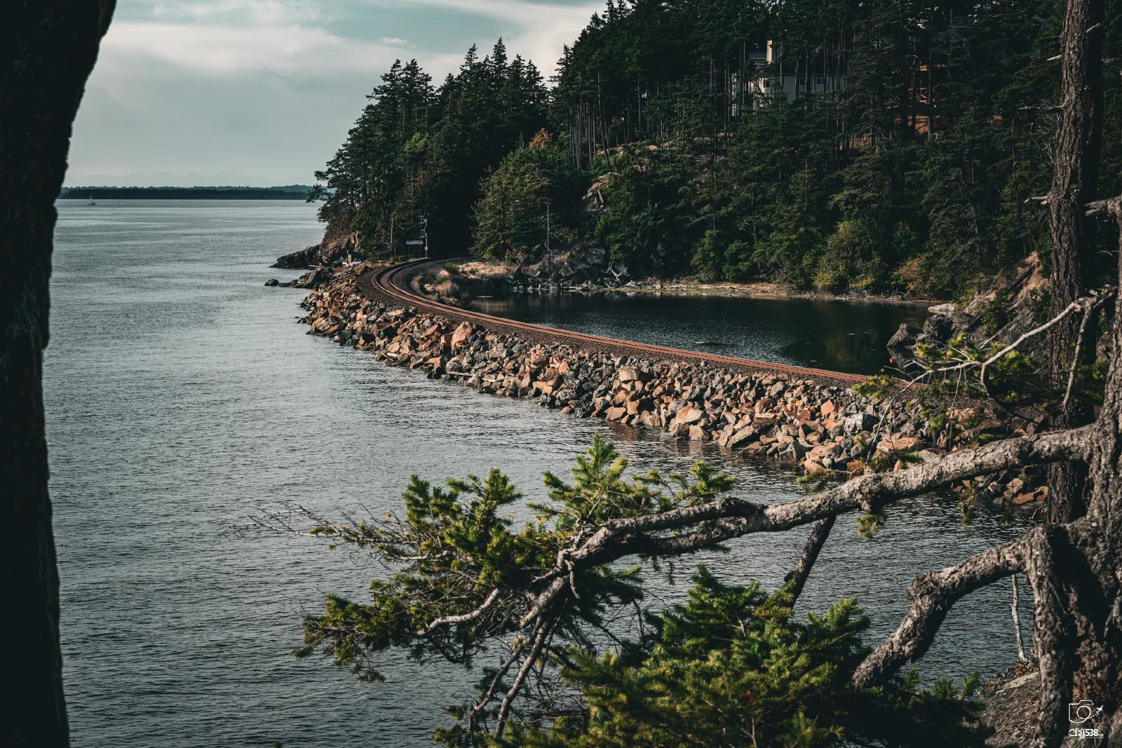 A railway track curves along the rocky shoreline surrounded by dense evergreen trees beside a calm body of water.