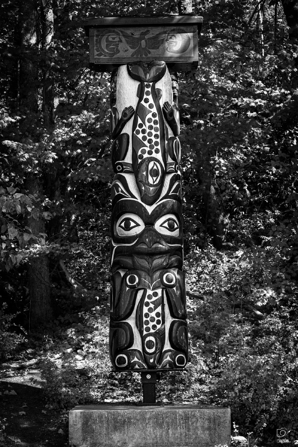 A totem pole featuring traditional indigenous artwork stands in a forested area on a concrete base.