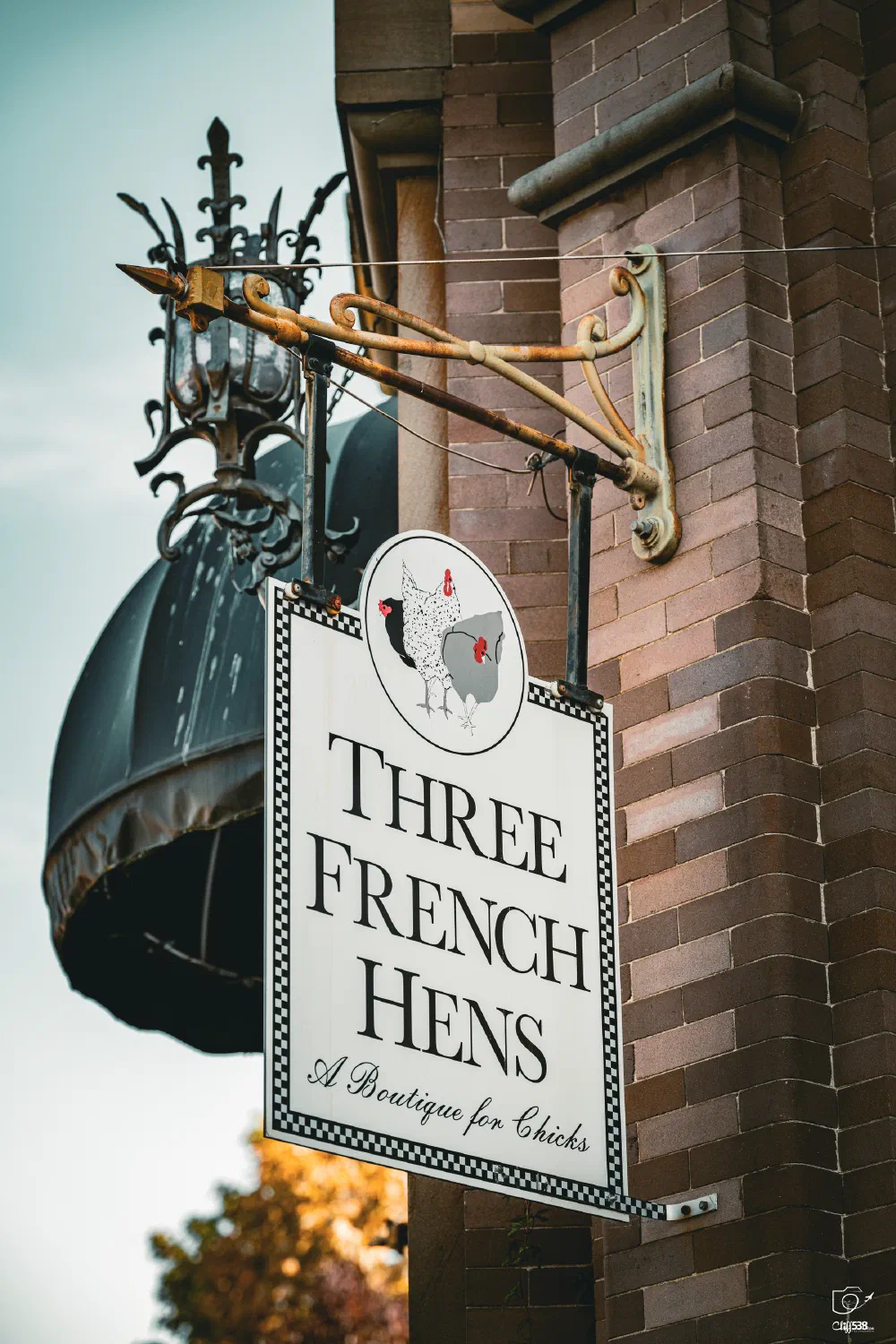 A vintage-style sign hanging from a brick building reads Three French Hens with an illustration of three chickens and the tagline A Boutique for Chicks.