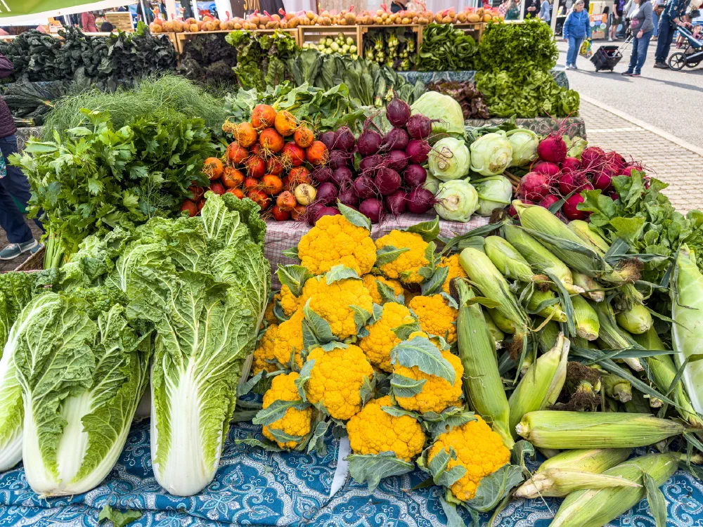 A colorful display of fresh vegetables including orange cauliflower, corn, leafy greens, beets, and kohlrabi is arranged on a market stall.