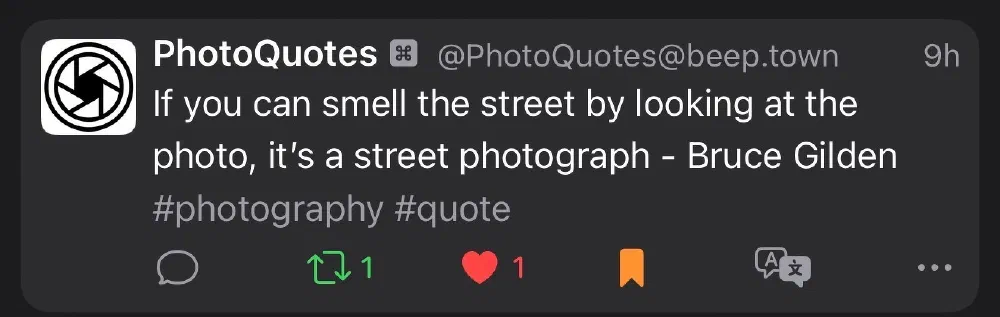 A quote by Bruce Gilden states that if you can smell the street by looking at a photo, it’s a street photograph.