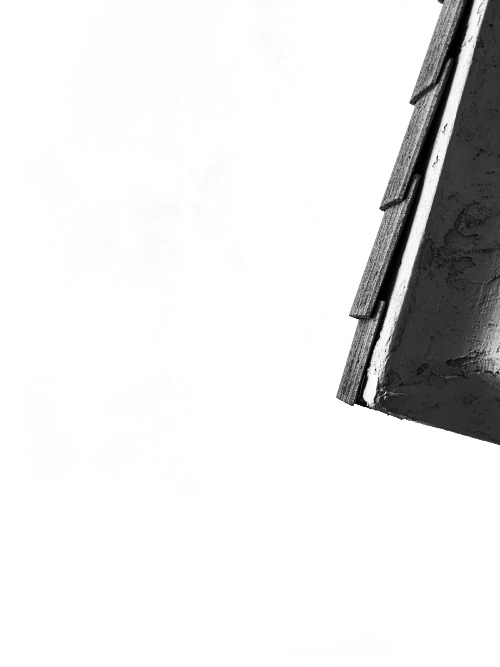 A close-up of a corner of a roof with visible shingles and textured surface against a plain white background.