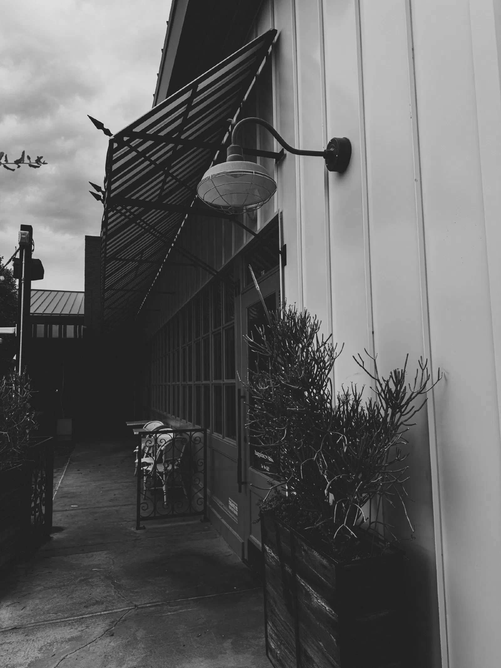 A narrow outdoor walkway beside a building features a large overhanging light fixture, potted plants, and metal awnings.